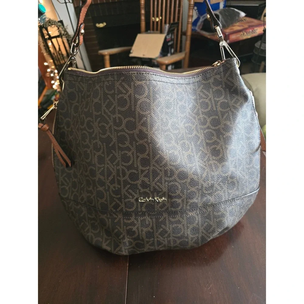 Calvin Klein Brown Monogram Logo Hobo Shoulder Bag Gold Hardware Large